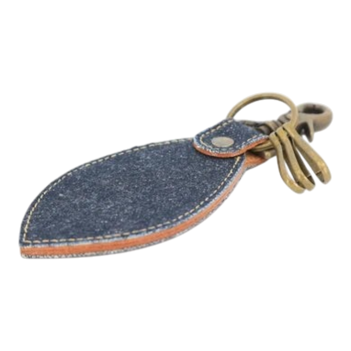 MILWORKS Big John leaf-shaped key ring made from indigo Okayama denim and Italian leather with brass hardware.