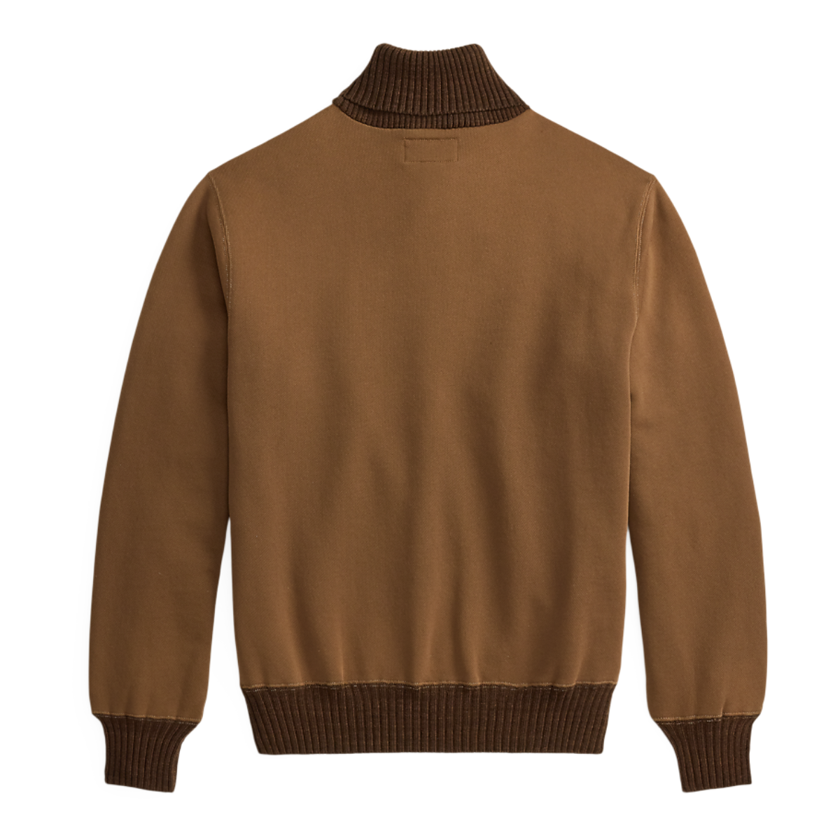 Back view of a MILWORKS Double RL tan fleece sweater with a ribbed shawl collar and cuffs on a white background.