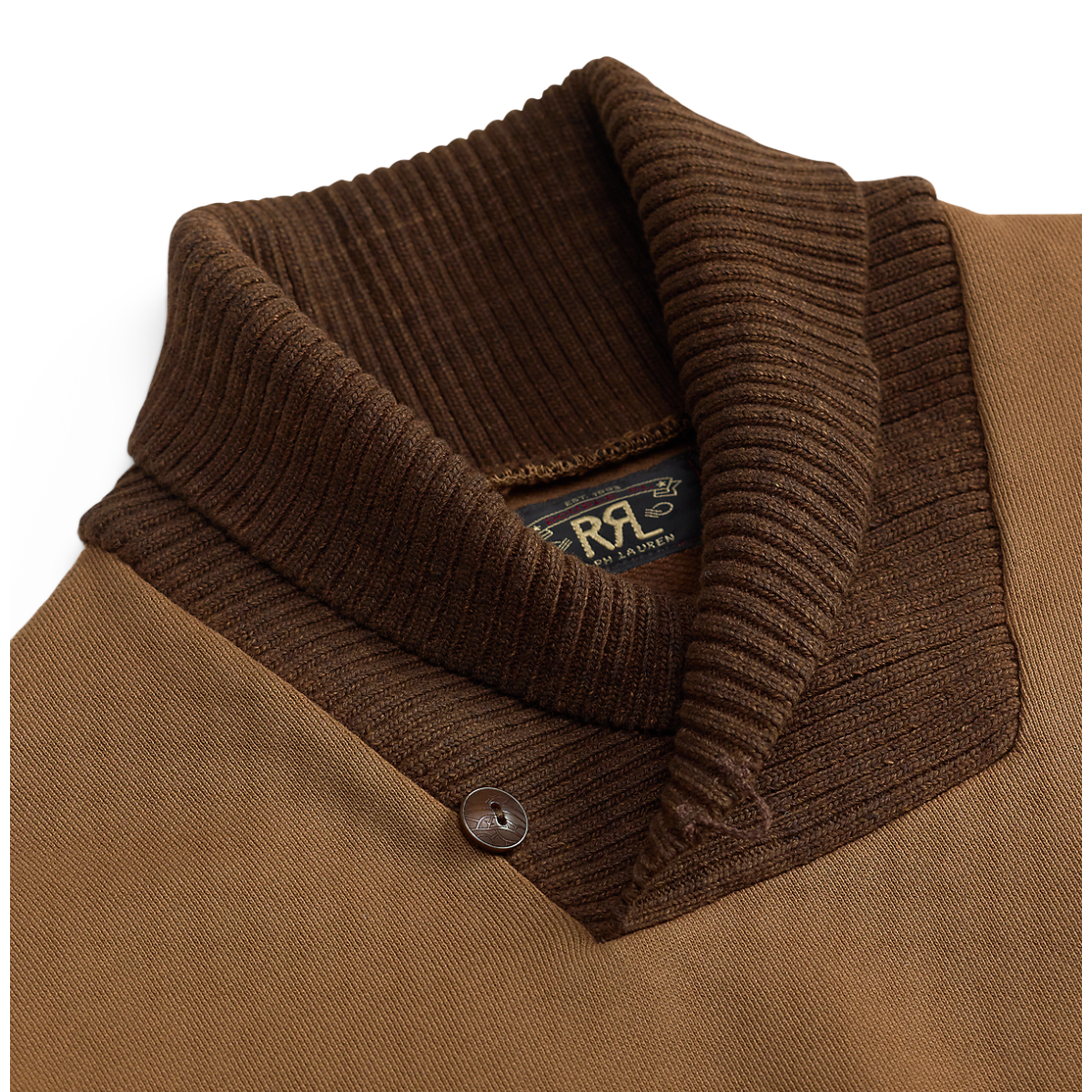 MILWORKS Double RL tan fleece pullover featuring a dark brown ribbed shawl collar and a single button detail.
