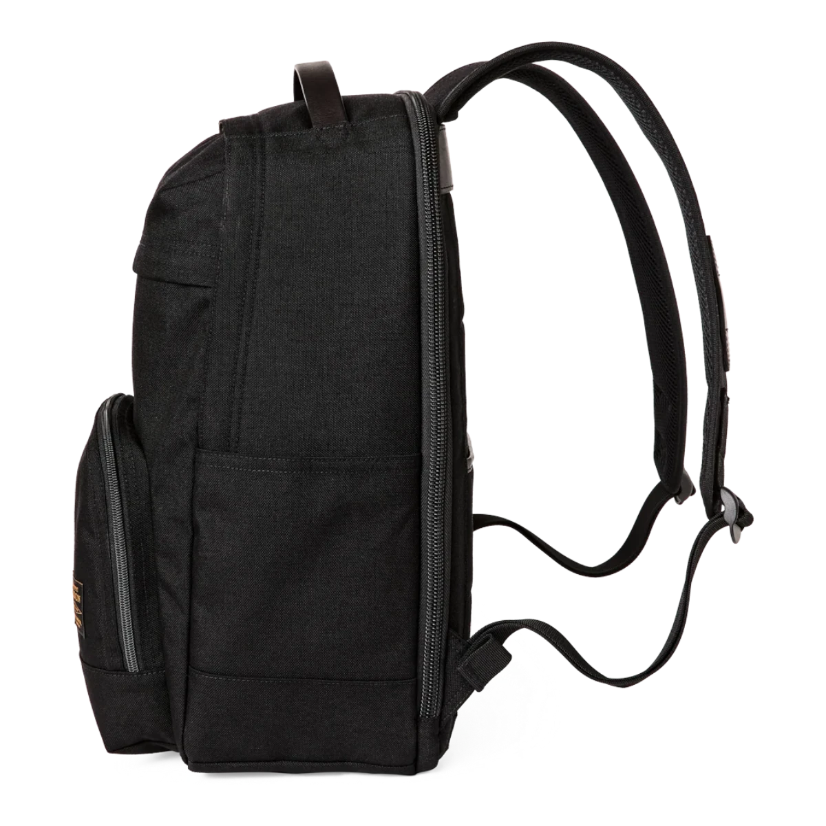 MILWORKS Dryden black Cordura nylon backpack side view with leather handle and reinforced base