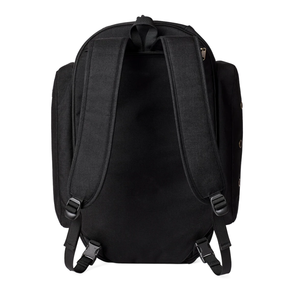 MILWORKS Dryden Duffle Pack in black, showing the back panel with padded backpack straps and durable nylon construction.