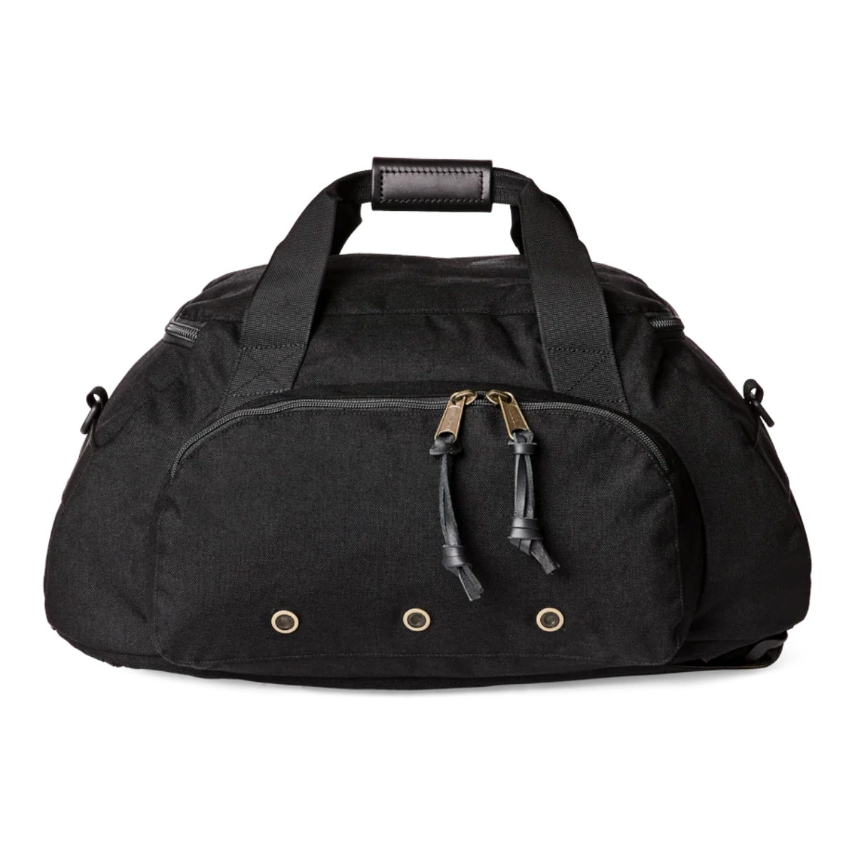 MILWORKS Dryden Duffle Pack in black 1000D nylon with leather carry grip and front zippered pocket