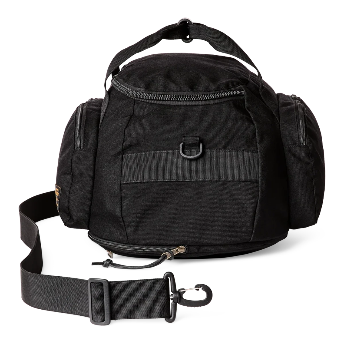 MILWORKS Dryden Duffle Pack in black 1000D nylon with U-shaped zipper, side pockets, and detachable shoulder strap.
