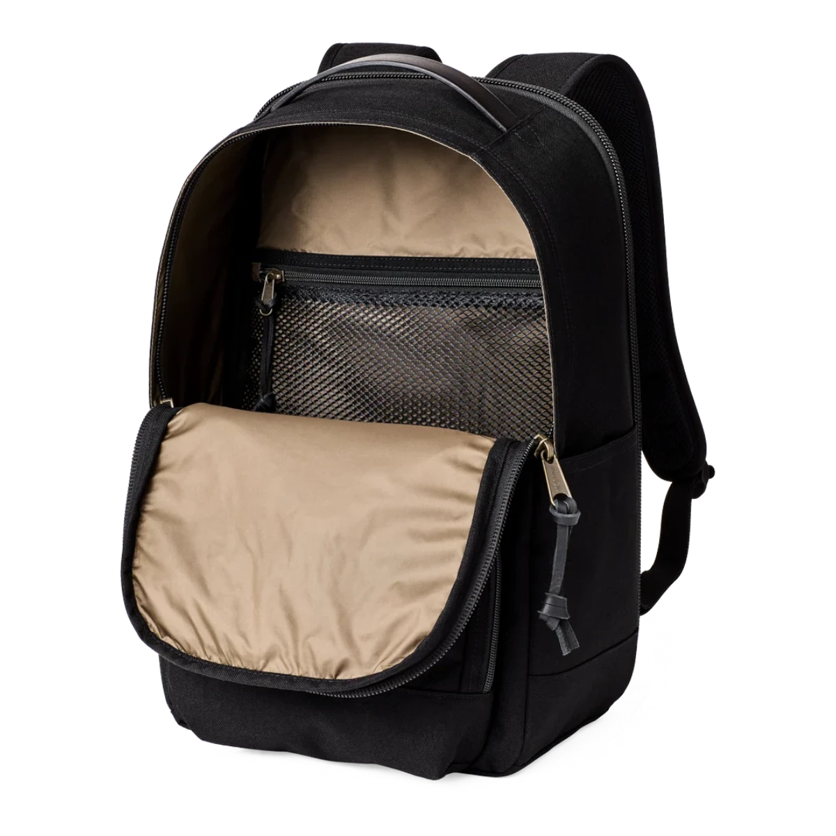 MILWORKS black Dryden Duffle Pack with open U-shaped zipper showing tan interior lining and mesh pocket