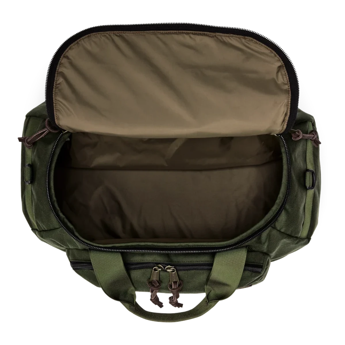 MILWORKS Dryden Duffle Pack in otter green nylon with U-shaped top zipper open to show spacious interior compartment