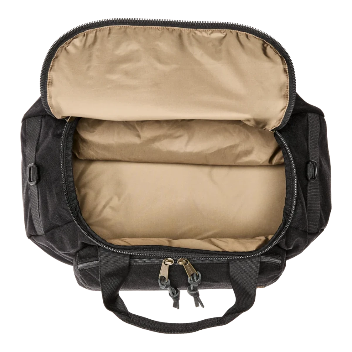 MILWORKS Dryden Duffle Pack in black nylon with a wide U-shaped top zipper opening to a spacious tan interior.
