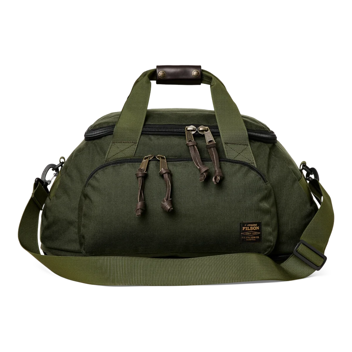 MILWORKS Dryden Duffle Pack in Otter Green 1000D nylon with bridle leather grip and U-shaped top zipper access.