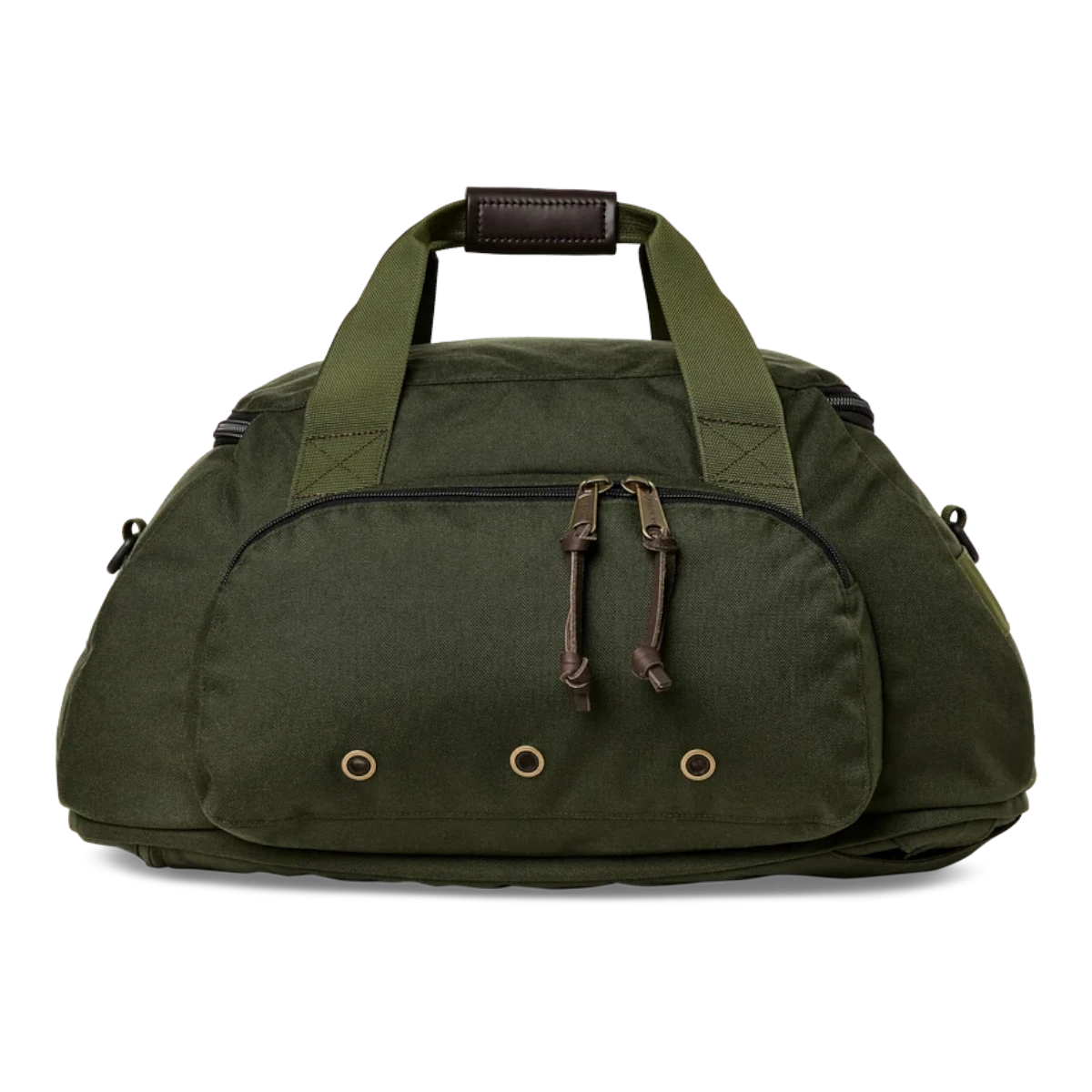 MILWORKS Dryden Duffle Pack in otter green 1000D nylon with bridle leather handle grip and front zippered pocket
