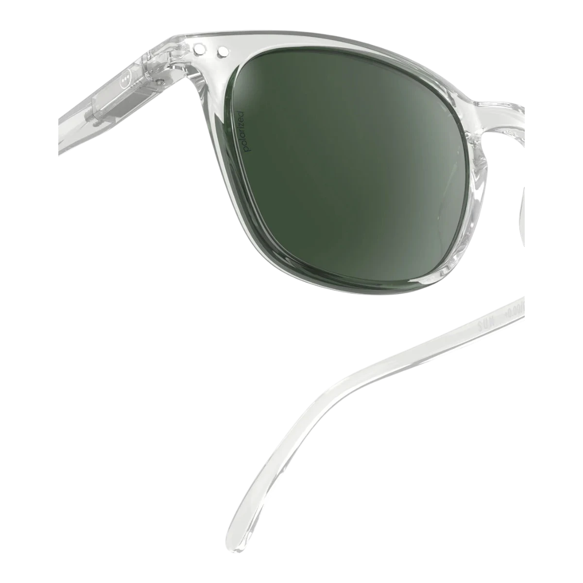 MILWORKS #E polarized sunglasses with a transparent trapezoidal frame and dark green lenses.