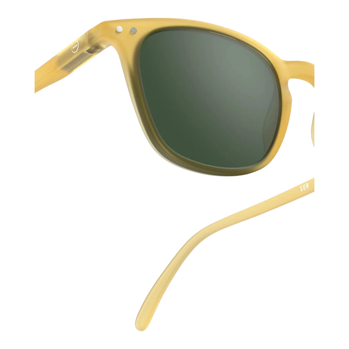 MILWORKS #E sunglasses in translucent yellow honey with green lenses and a soft-touch trapeze frame.