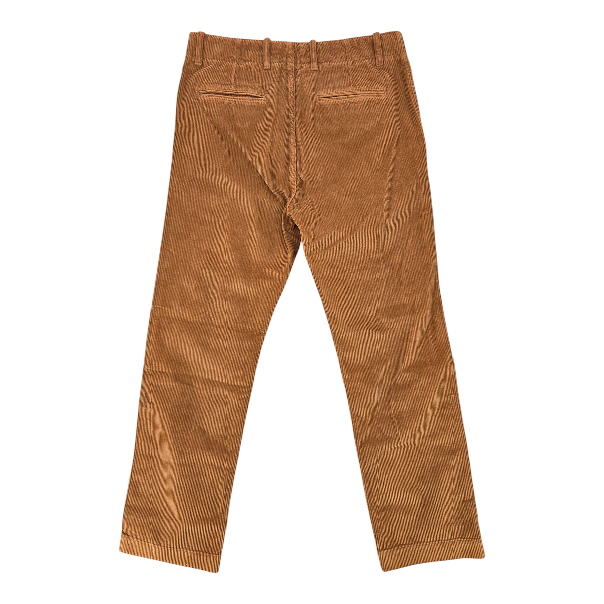 MILWORKS East Harbour Surplus amber corduroy chino trousers with back pockets, shown from the rear.