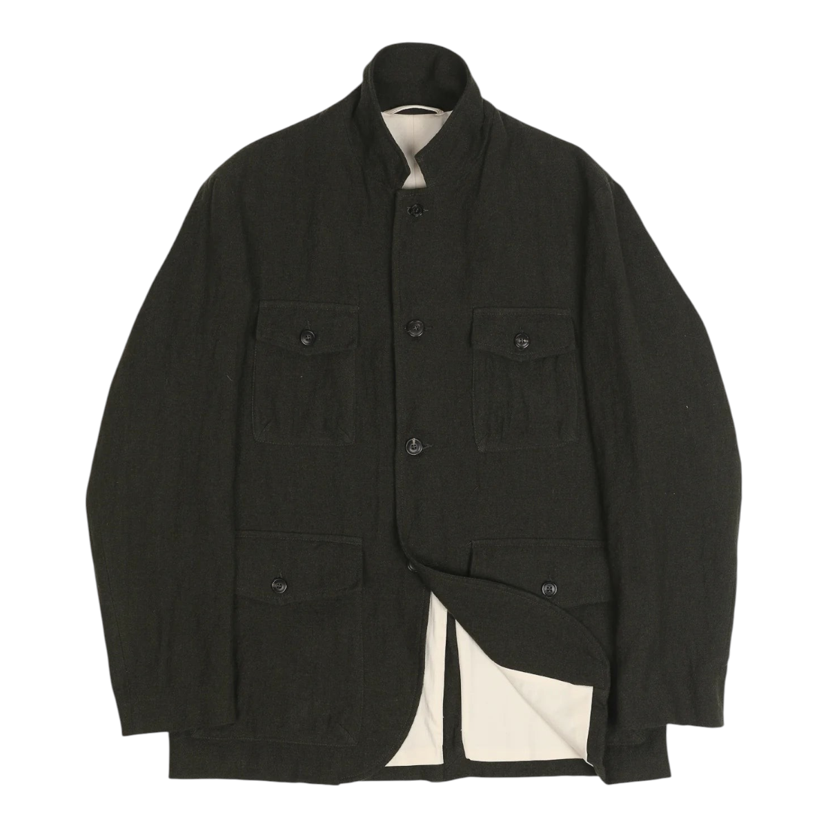 MILWORKS East Harbour Surplus green wool-linen blend sports jacket with four patch pockets and horn buttons.