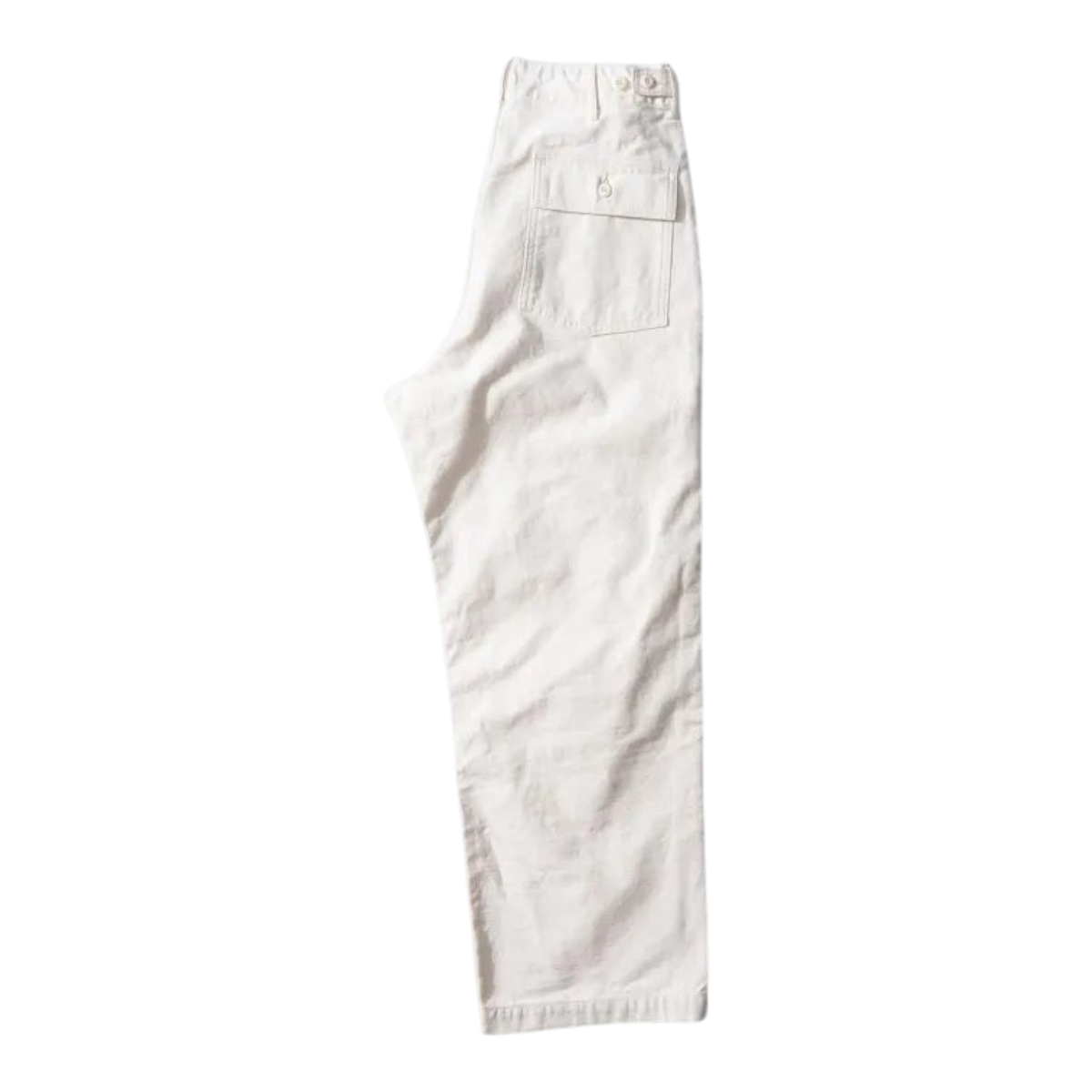 MILWORKS vintage fatigue pants in ecru back sateen fabric with a straight-leg silhouette and adjustable waist tabs.