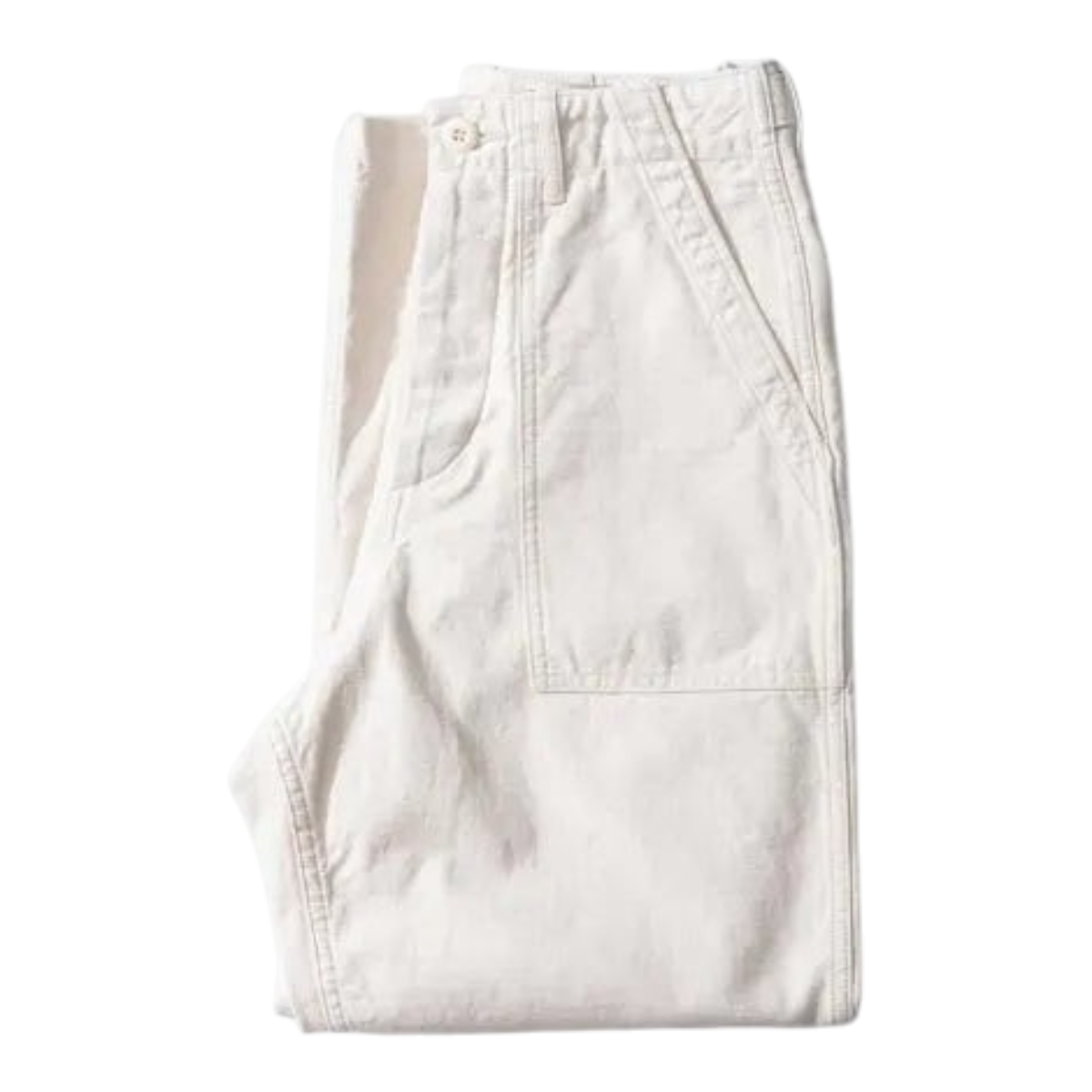 MILWORKS vintage fatigue pants in ecru back sateen fabric with a straight-leg silhouette and military-inspired design.