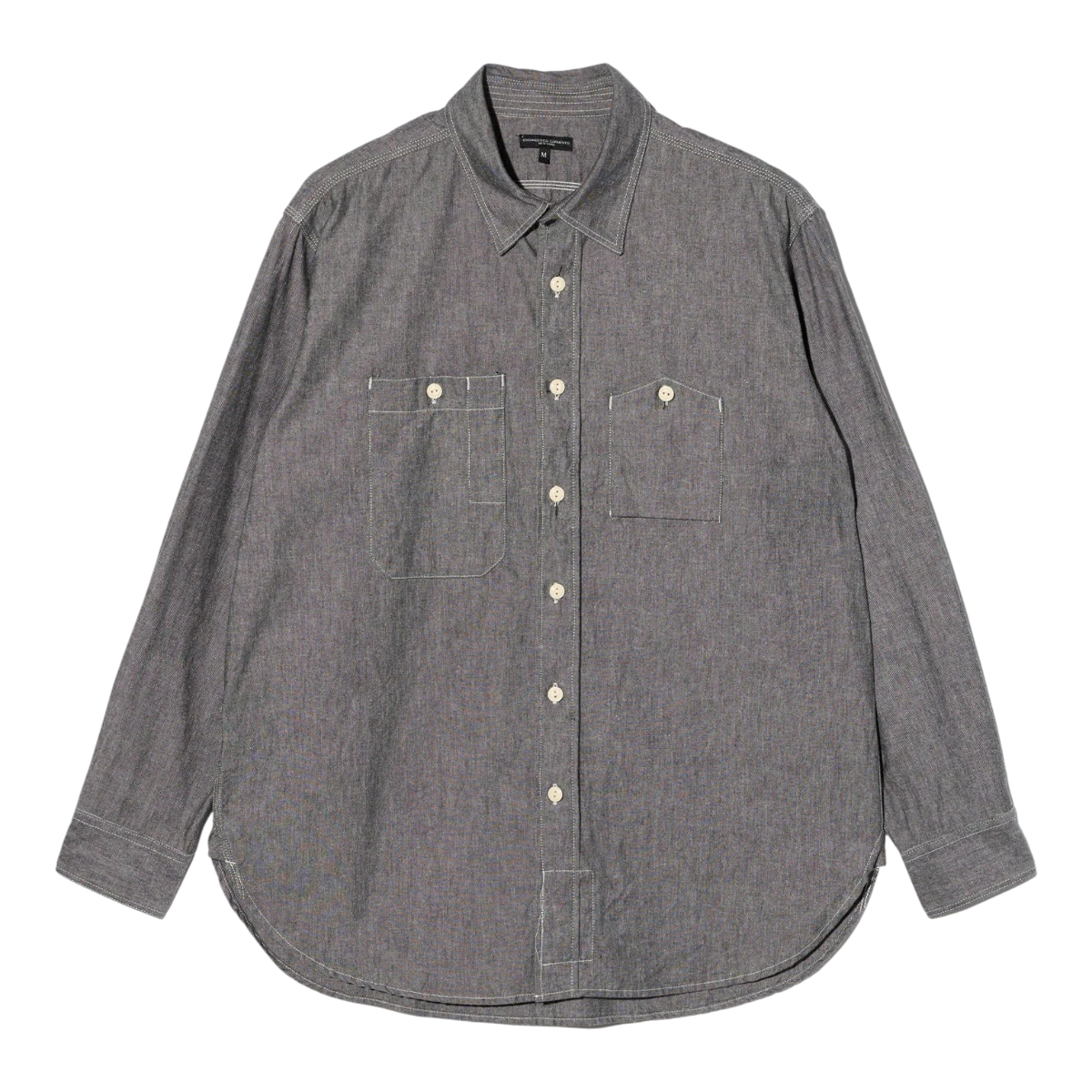 MILWORKS Engineered Garments grey cotton chambray work shirt with dual chest pockets and light buttons