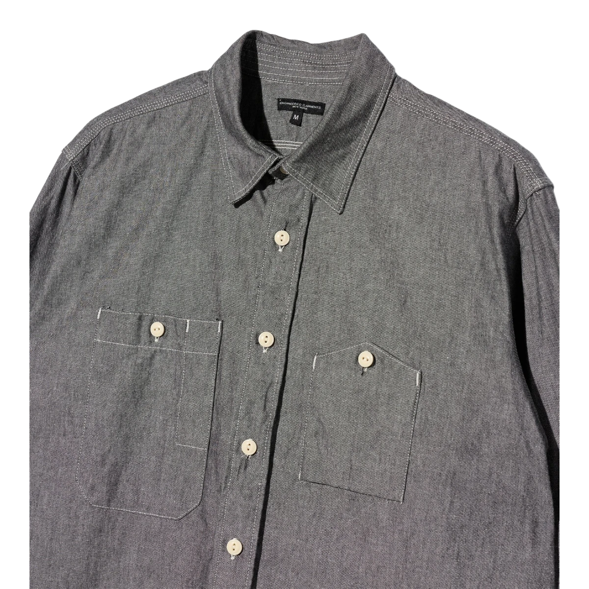 MILWORKS Engineered Garments grey cotton chambray work shirt with dual chest pockets and white button details
