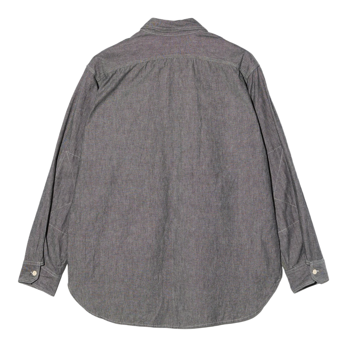 MILWORKS Engineered Garments grey cotton chambray work shirt, back view showing reinforced elbow stitching.
