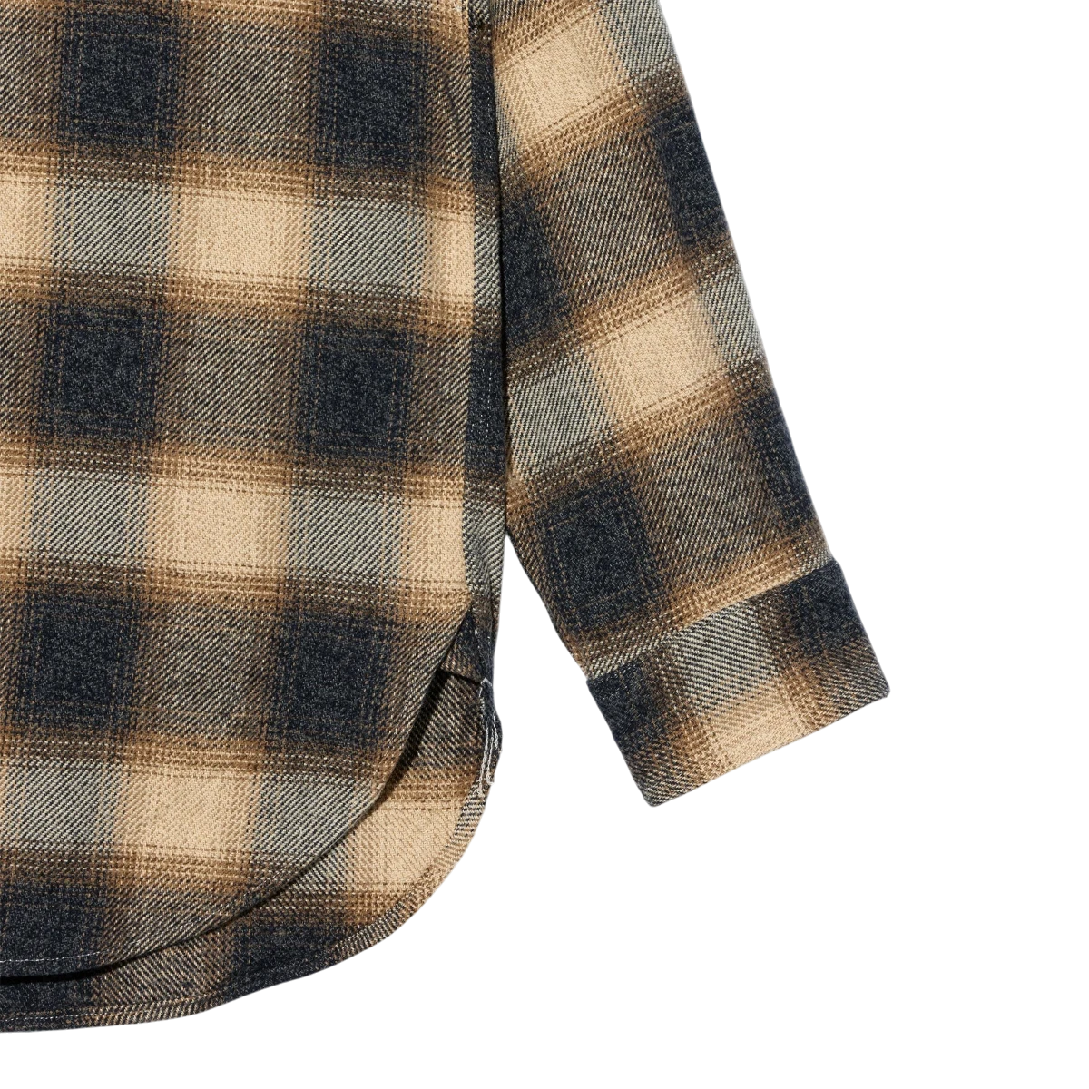MILWORKS Engineered Garments khaki and dark shadow plaid flannel work shirt sleeve with button cuff