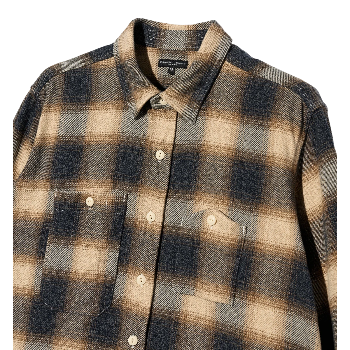 MILWORKS Engineered Garments khaki and charcoal shadow plaid cotton flannel work shirt with two chest pockets