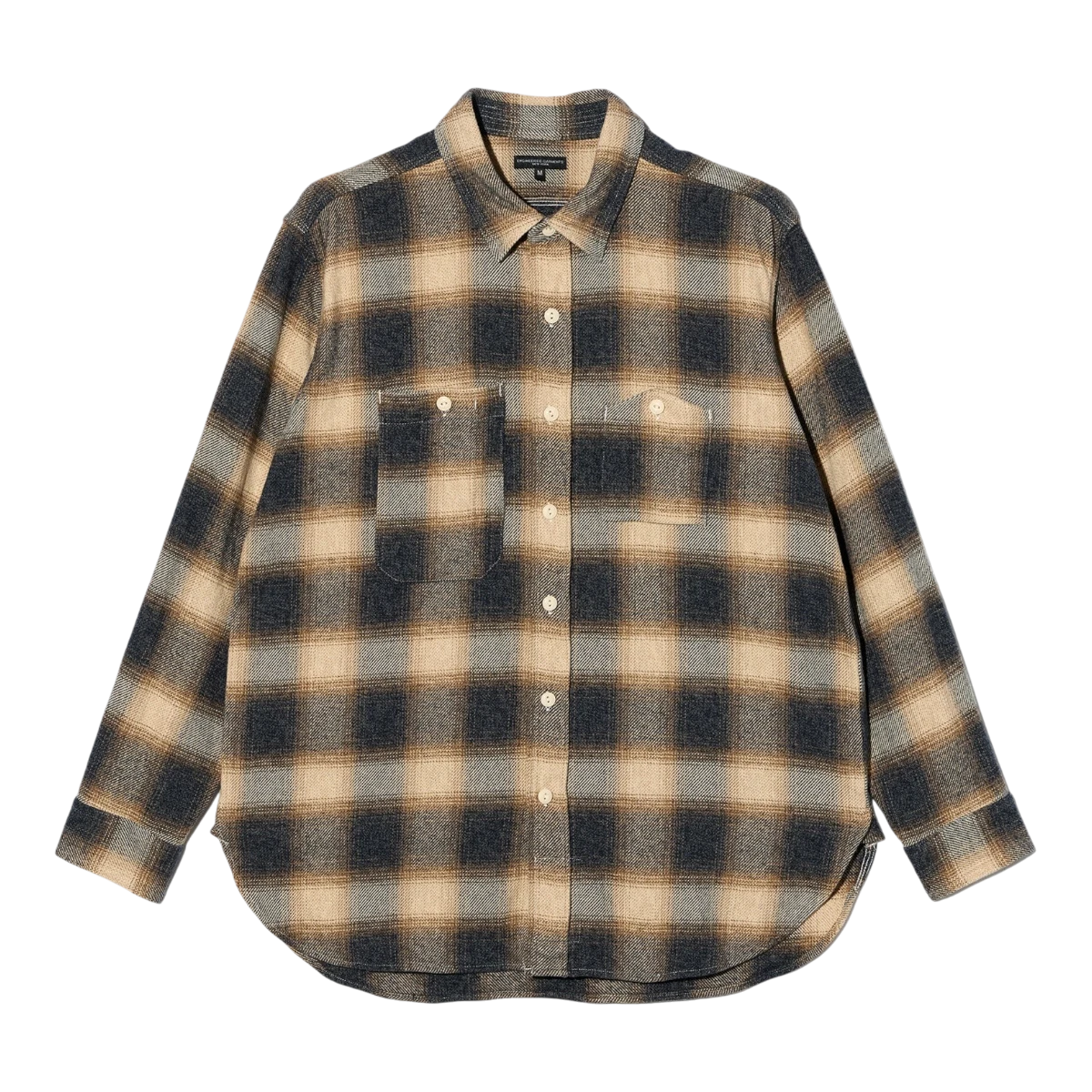 MILWORKS Engineered Garments khaki and navy heavy cotton shadow plaid flannel work shirt with dual chest pockets.