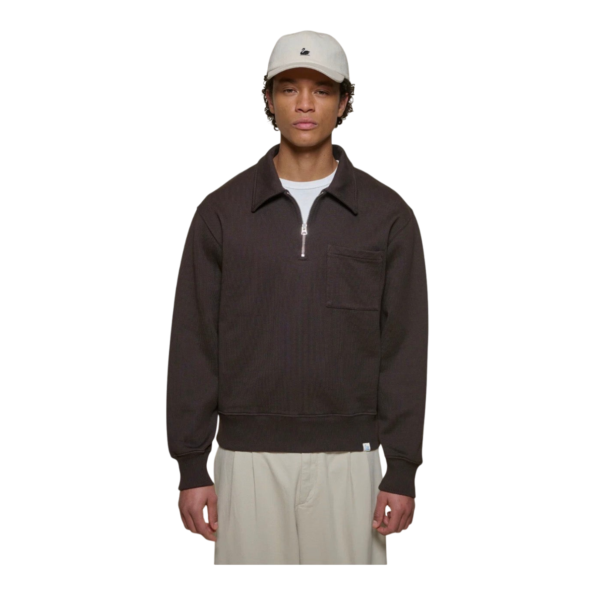 MILWORKS espresso brown organic cotton loopback fleece half-zip sweatshirt with polo collar and chest pocket