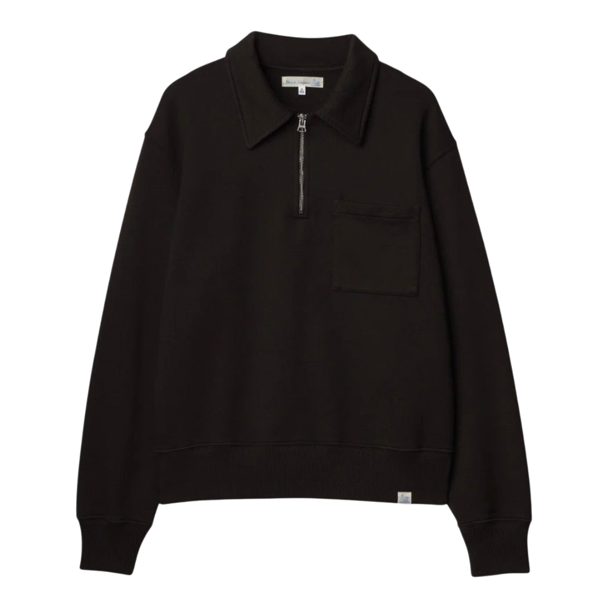 MILWORKS espresso brown 11oz organic cotton loopback fleece sweatshirt with a polo collar and metal half-zip.