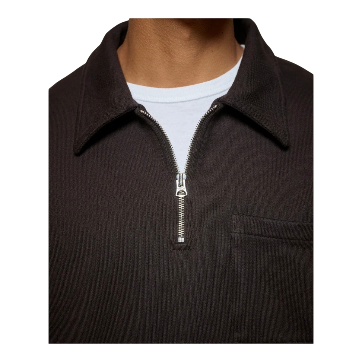 MILWORKS espresso brown organic cotton loopback fleece sweatshirt with a polo collar and metal half-zip detail.