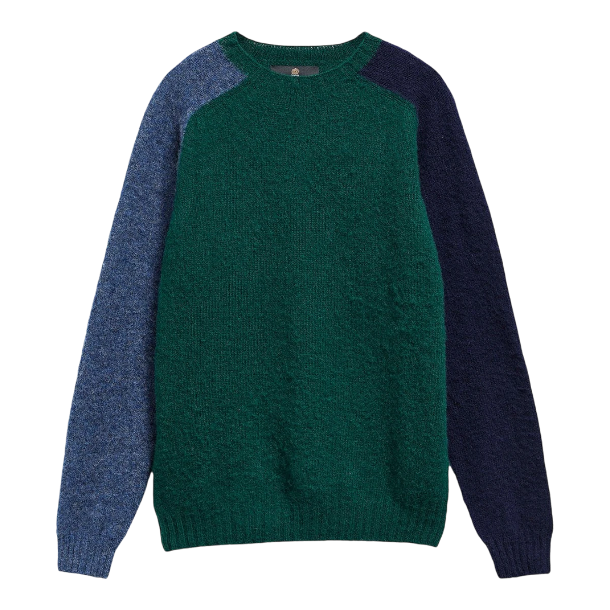MILWORKS Scottish made wool crew neck jumper in evergreen with contrasting blue and navy colour-blocked sleeves.