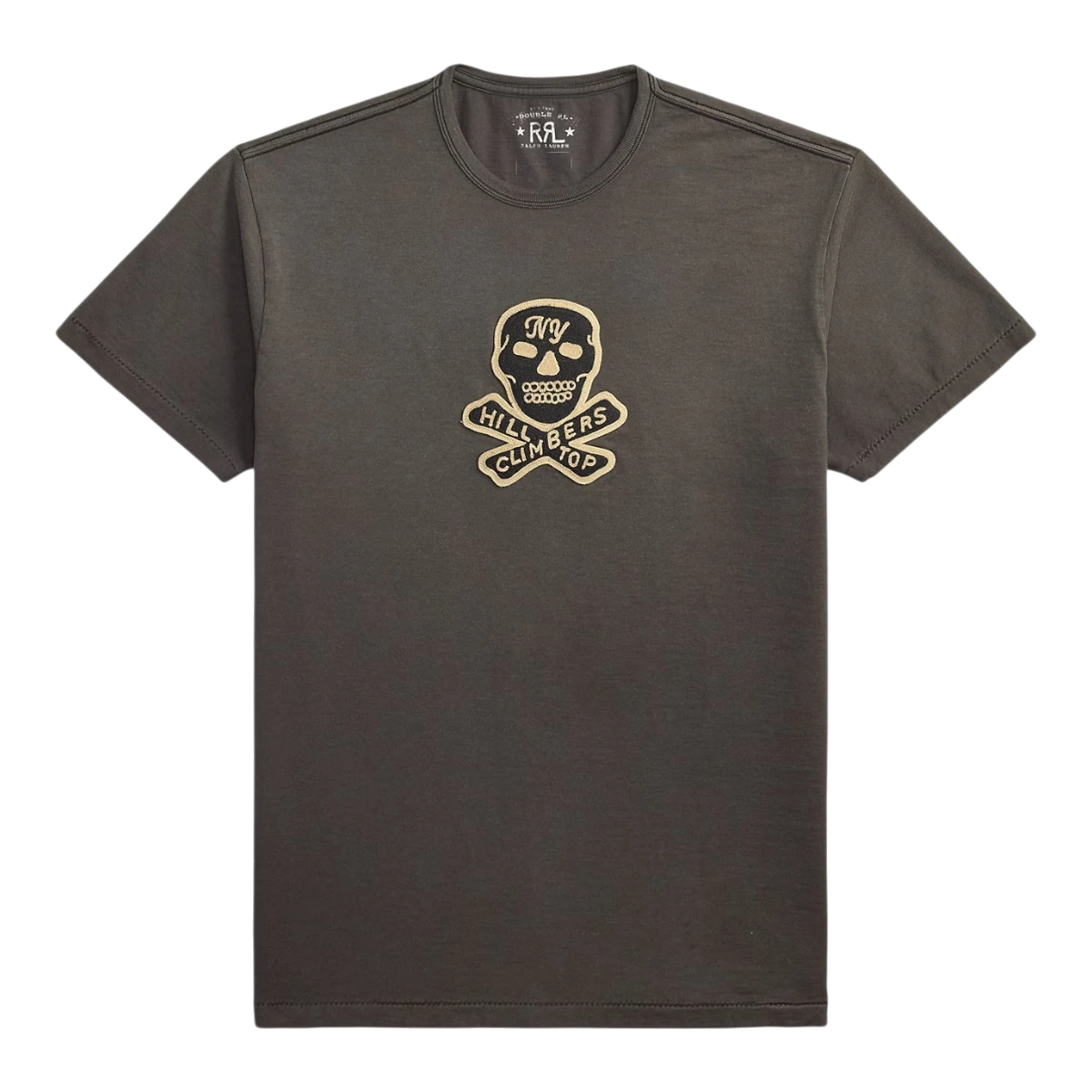 MILWORKS faded black cotton jersey crewneck t-shirt featuring a vintage skull patch with chain-stitched embroidery.