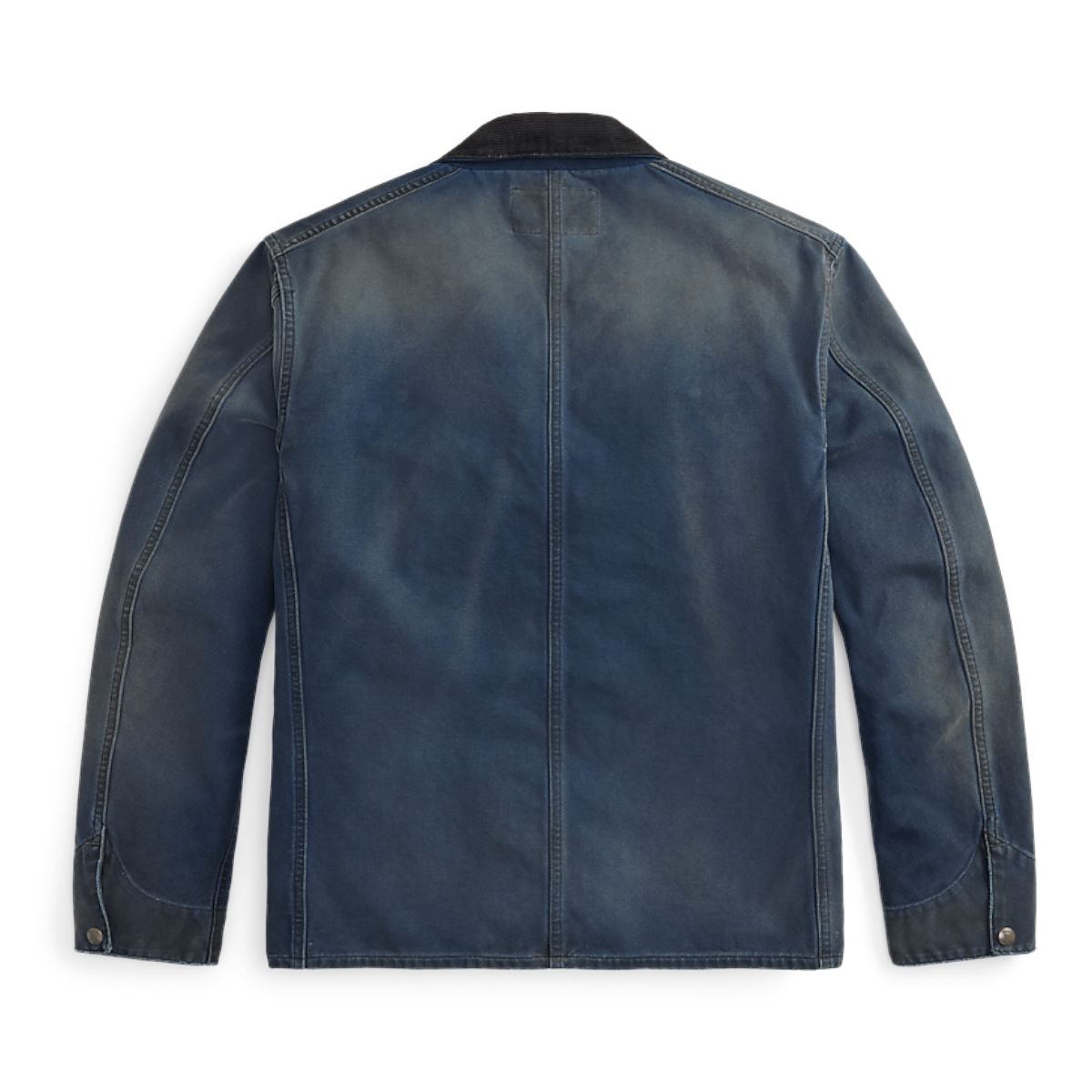Back view of MILWORKS faded navy cotton canvas engineer jacket with a dark corduroy collar and vintage workwear style.