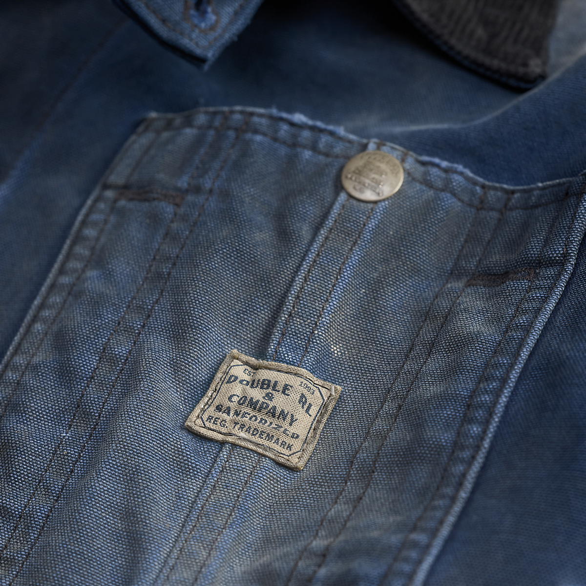 MILWORKS faded navy cotton canvas engineer jacket featuring a corduroy collar and Double RL & Company chest label
