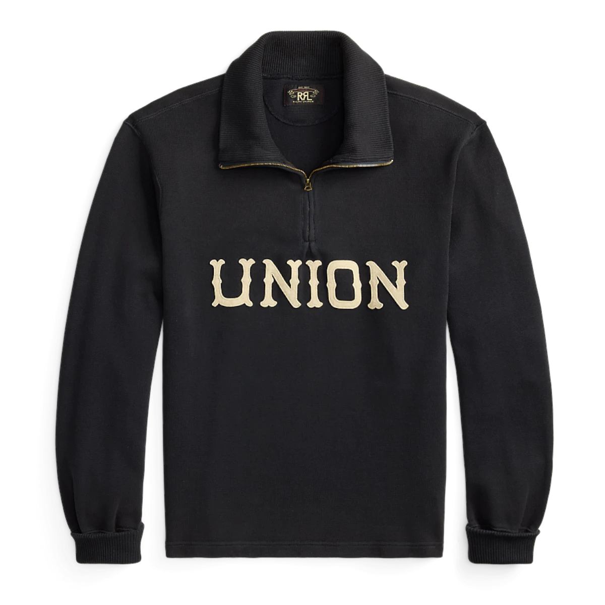 MILWORKS vintage-inspired faded navy cotton-blend fleece half-zip sweatshirt with UNION lettering