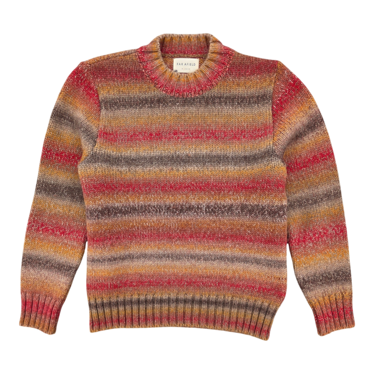 MILWORKS Far Afield Dieter knit sweater in a multi-coloured striped Nepalese Sunset pattern with a crew neck.