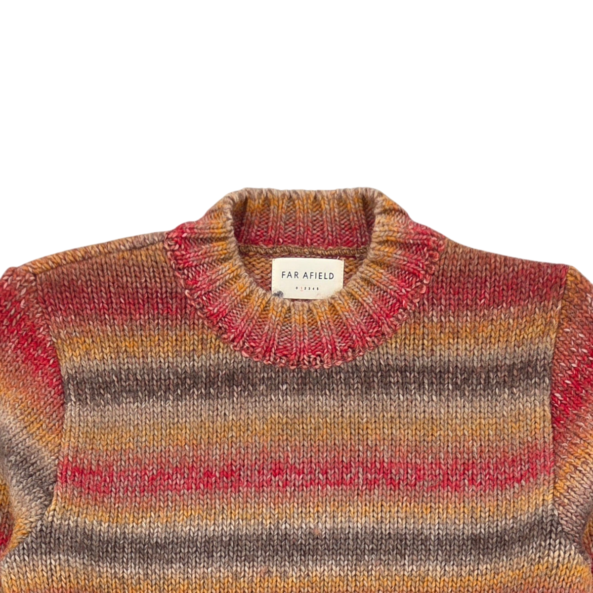 MILWORKS Far Afield Dieter knit sweater in a multi-coloured Nepalese Sunset stripe pattern with a ribbed crew neck.