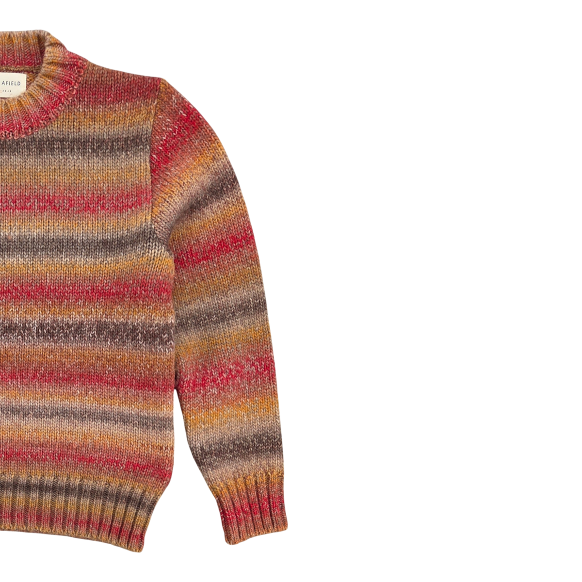 MILWORKS Far Afield Dieter knit sweater in a multi-coloured Nepalese sunset striped pattern with ribbed trim.