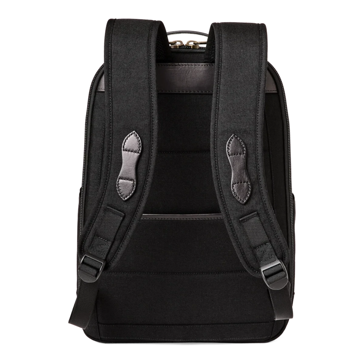 MILWORKS Filson Dryden black Cordura nylon backpack showing rear view with padded straps and leather gear tabs.