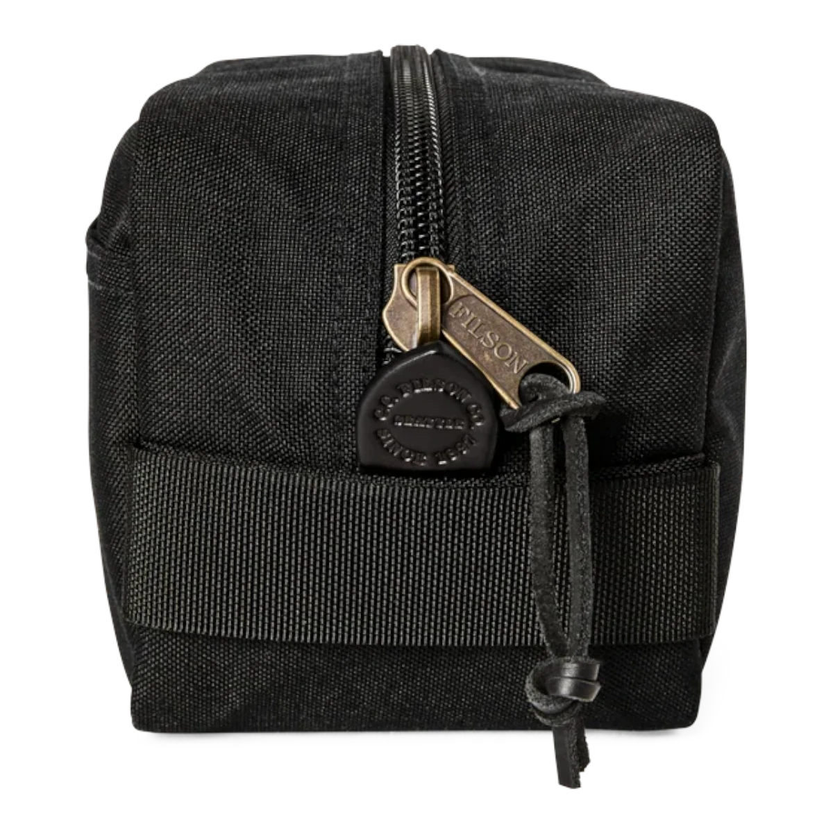 MILWORKS Filson Dryden Travel Pack in black Cordura nylon with a sturdy brass zipper and leather pull tab