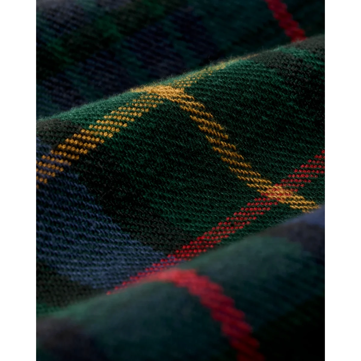 MILWORKS Filson vintage flannel work shirt fabric close-up in green and navy plaid with brushed cotton texture