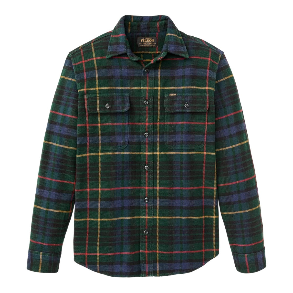 MILWORKS Filson vintage flannel work shirt in green and navy plaid with button-flap chest pockets and long sleeves.