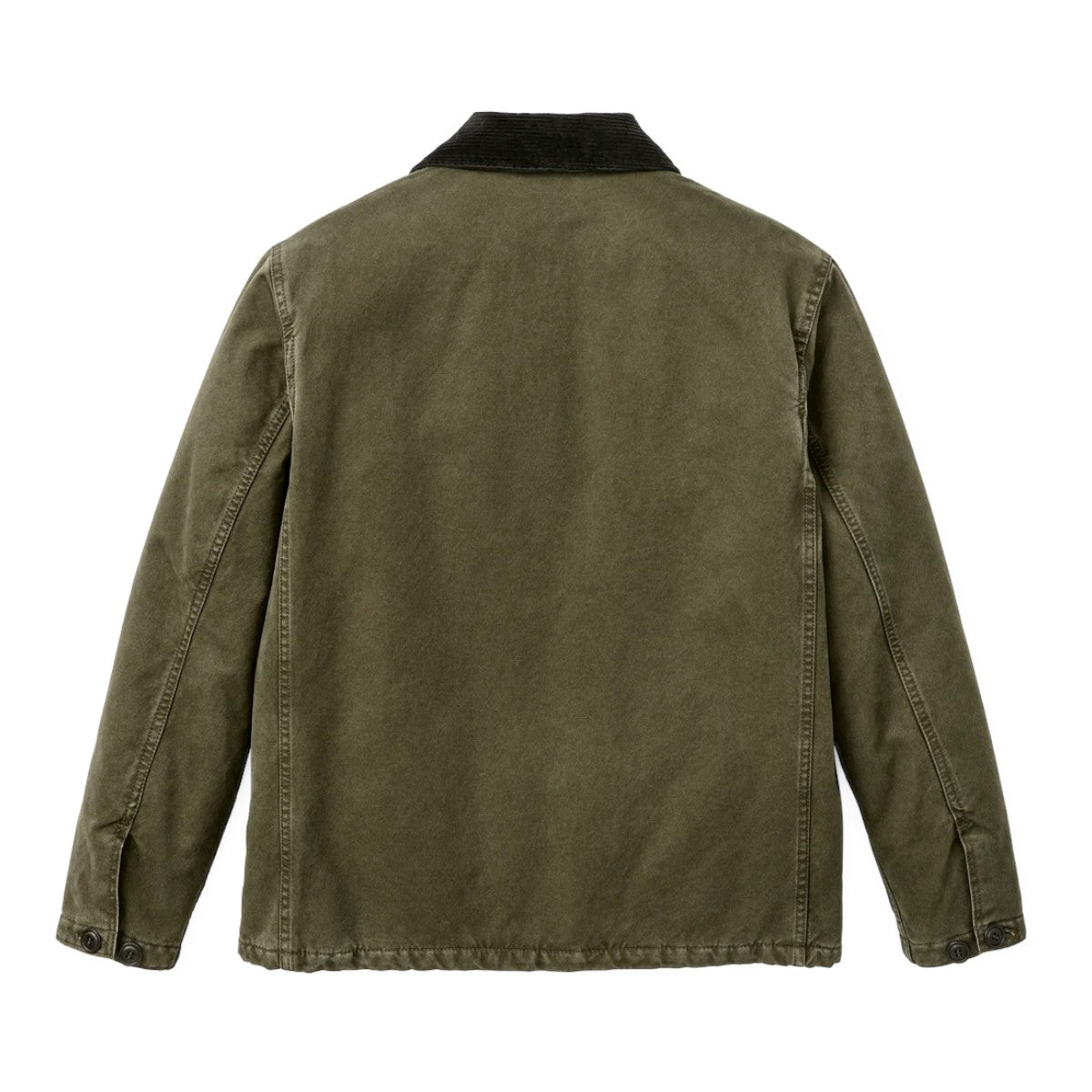Back view of MILWORKS Filson insulated canvas outfitter jacket in dark olive with a corduroy collar.