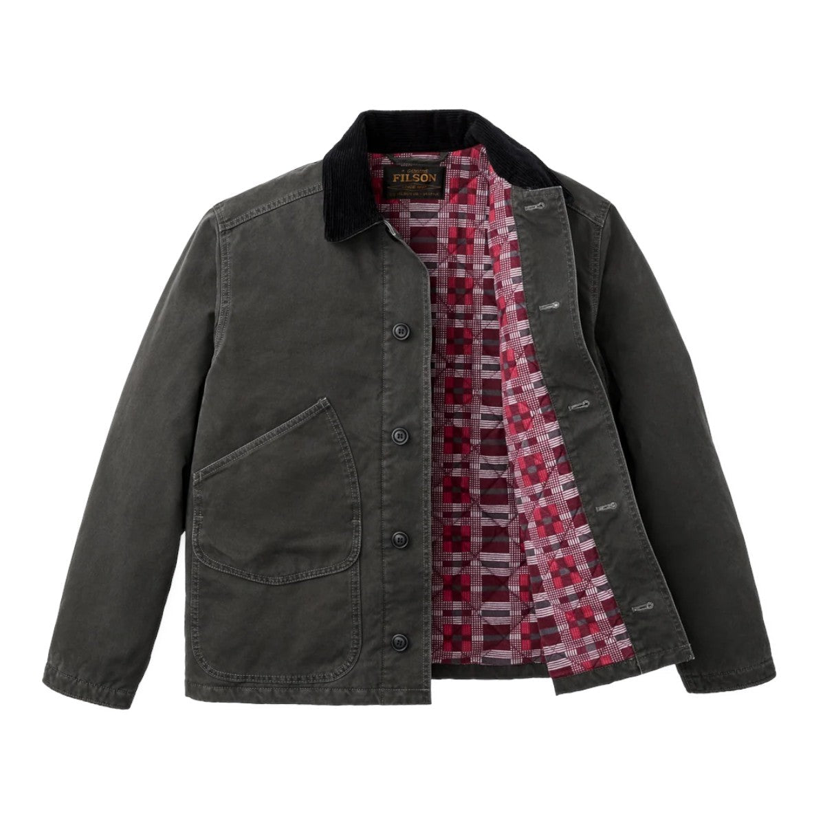 MILWORKS Filson insulated canvas outfitter jacket in peat green with a corduroy collar and red plaid flannel lining.
