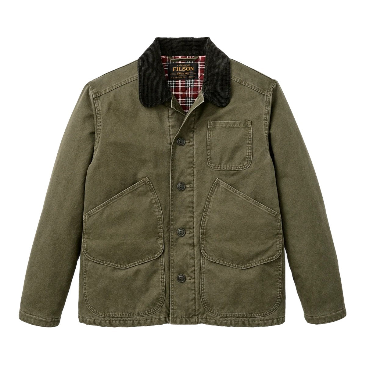 MILWORKS Filson dark olive insulated canvas outfitter jacket with a corduroy collar and flannel lining.