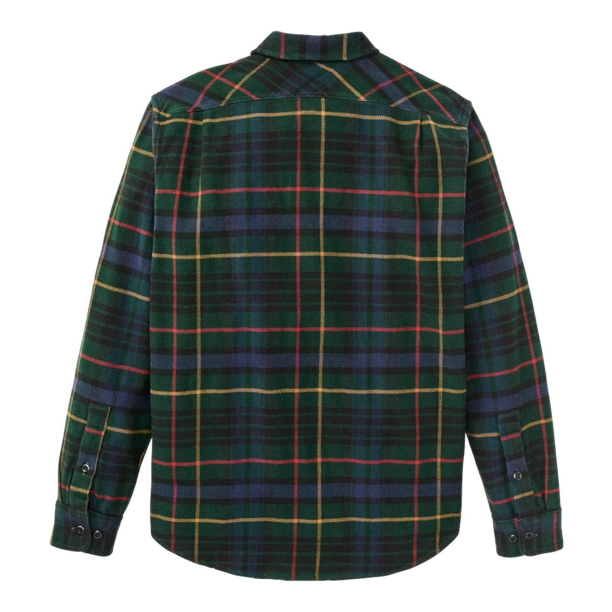 Back view of MILWORKS Filson vintage flannel work shirt in green and navy plaid with shoulder pleats