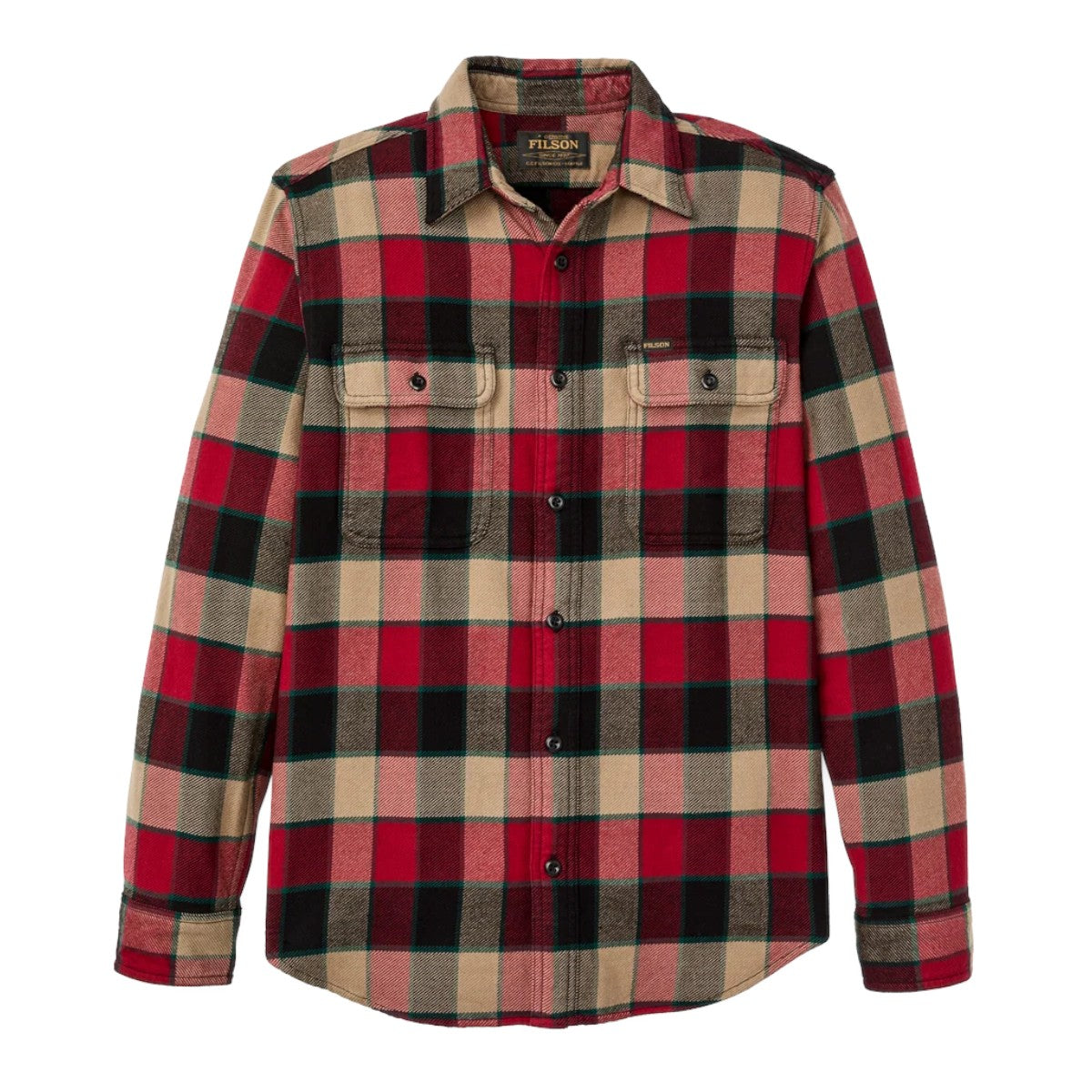 MILWORKS Filson vintage flannel work shirt in red and cream plaid with button-flap chest pockets and durable buttons.