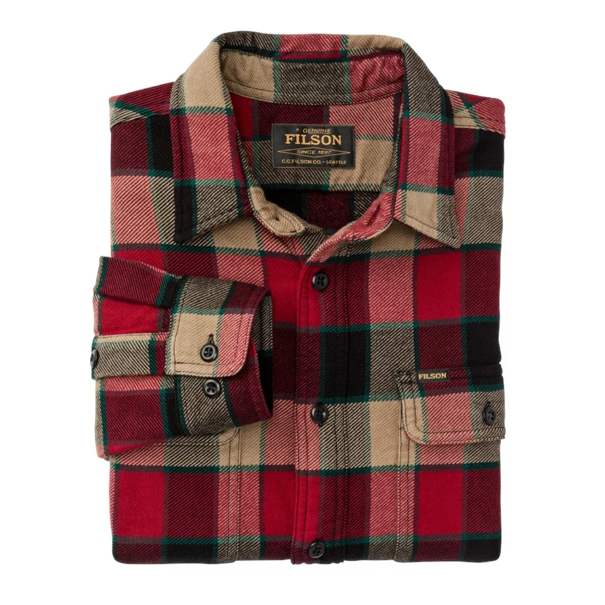 MILWORKS Filson vintage red and cream plaid flannel work shirt folded with button-flap chest pockets