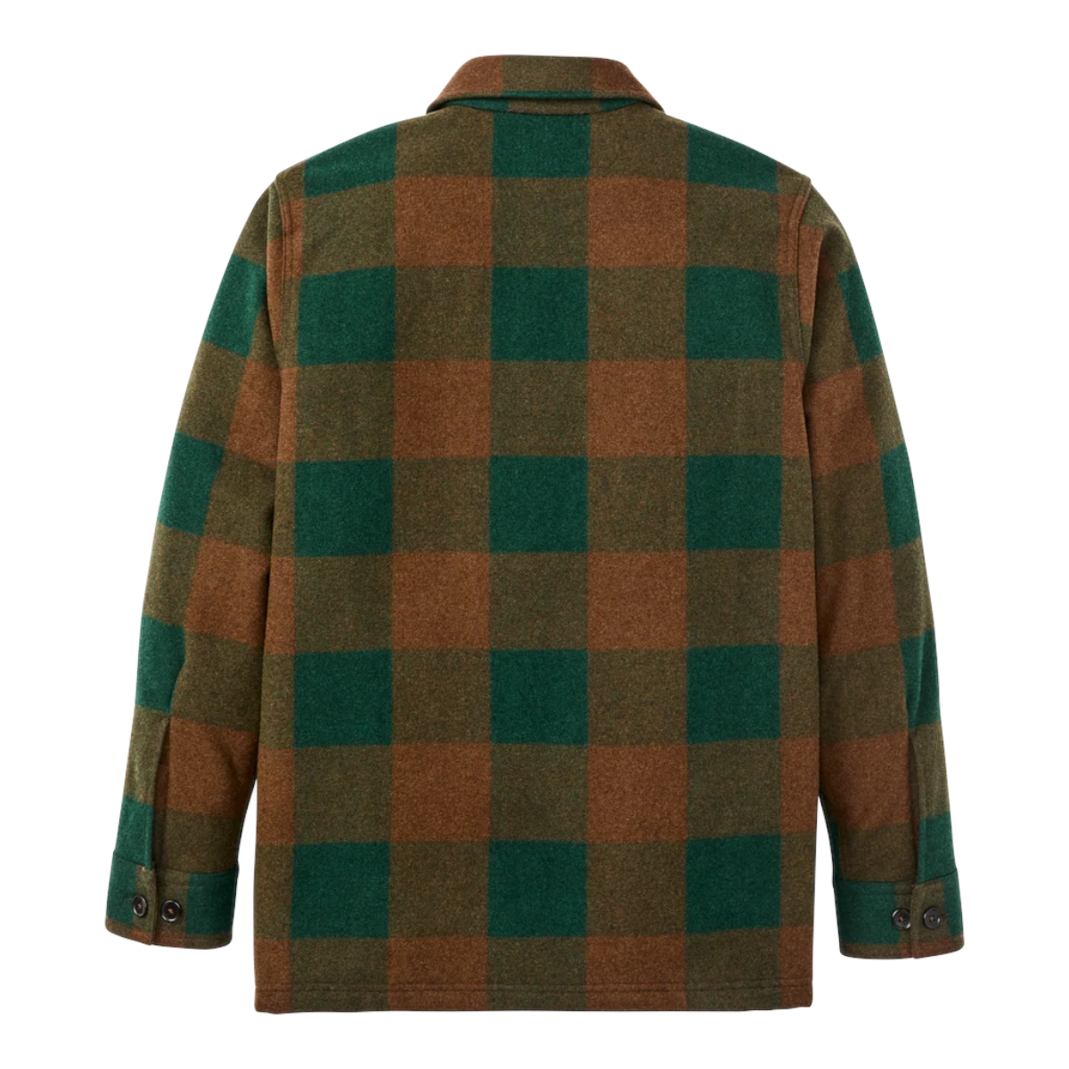 Back view of a MILWORKS Filson wool jac-shirt in a bronze and green plaid pattern with a straight hem.