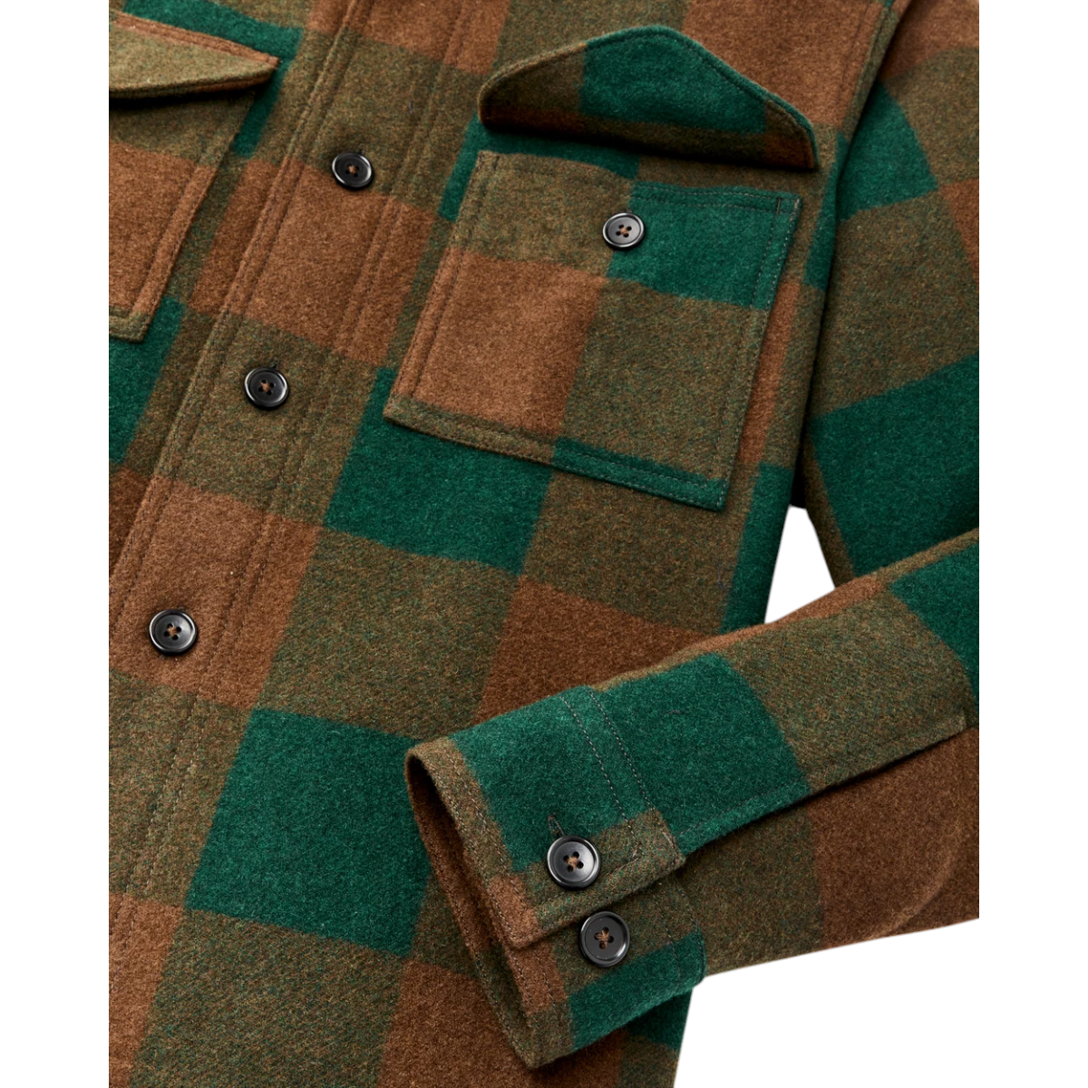 MILWORKS Filson wool jac-shirt in bronze green plaid with buttoned chest pocket and adjustable cuffs