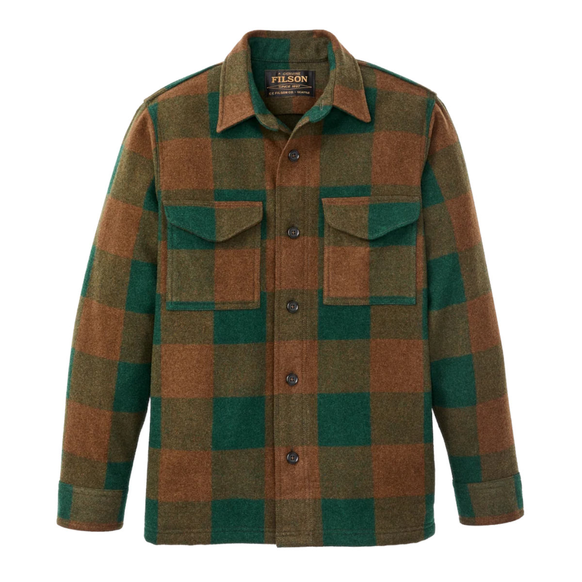 MILWORKS Filson wool jac-shirt in bronze and green plaid with two chest pockets and a straight hem