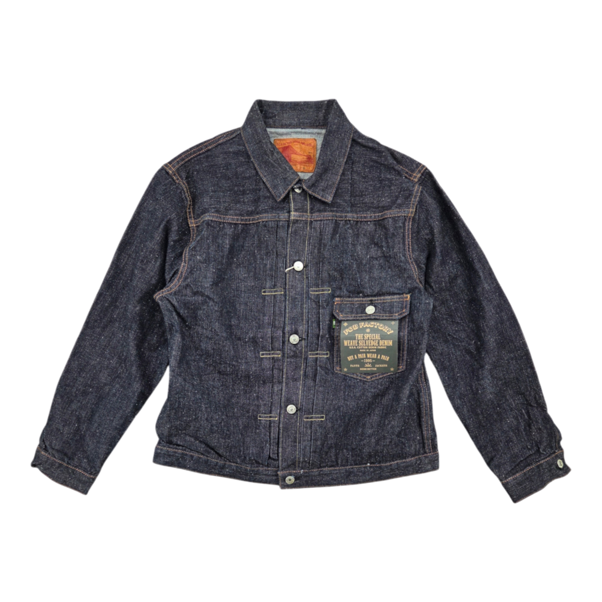 MILWORKS F.O.B Factory Type 1 selvedge denim jacket in dark indigo with contrast stitching and single chest pocket.