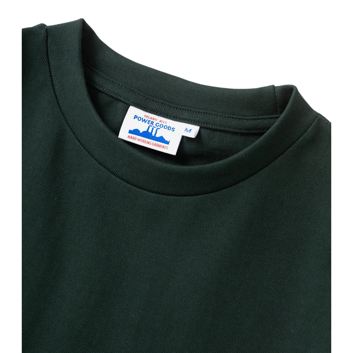 MILWORKS Power Goods forest green 10oz organic cotton heavyweight t-shirt with ribbed neckline and brand label